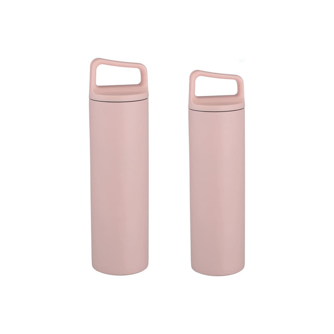 A drink bottle duo in soft pink, featuring a handle and made of stainless steel with a vacuum thermal design.