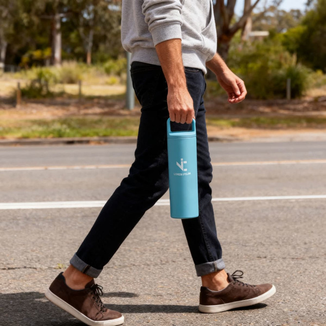 A drink bottle in pastel blue with a handle, held by a person walking outdoors along a roadside.