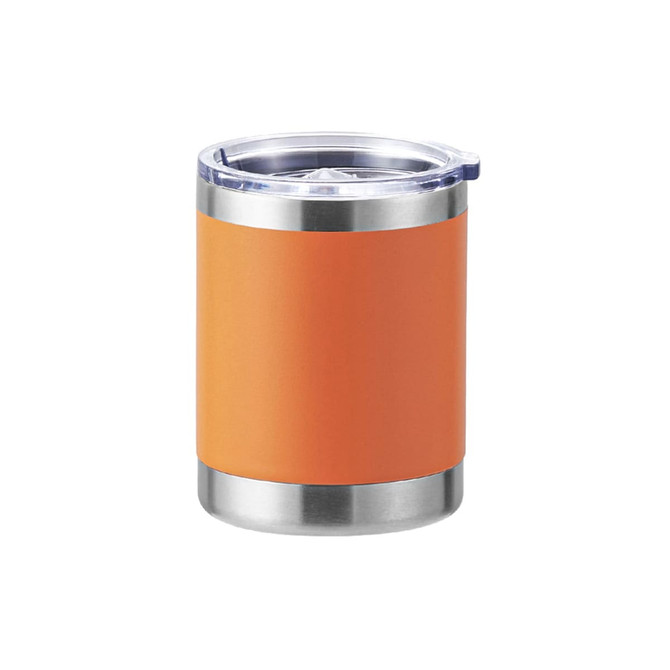 An orange stainless steel travel mug with a clear lid and a double wall design. It features a smooth finish and a silver base.