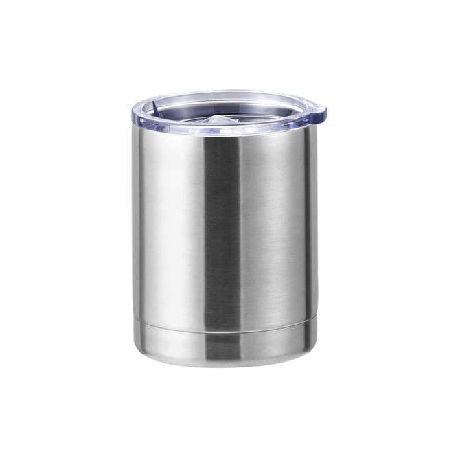 A drink bottle with a stainless steel finish, double wall insulation, and a clear plastic lid. Features a logo.