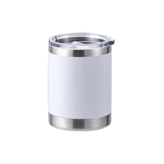 A drink bottle featuring a white exterior and stainless steel bottom, with a clear lid. It includes a branding logo.