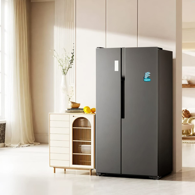 A black fridge stands beside a light wooden cabinet in a bright, modern space. The fridge features a logo on its door.
