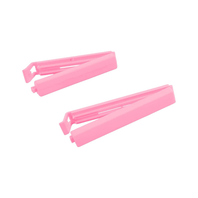 Two pink Medium Food Bag Seal Clips are positioned together, featuring a simple design and a small logo.