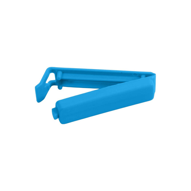 A blue small food bag seal clip with a simple design and a central hinge for easy opening and closing.