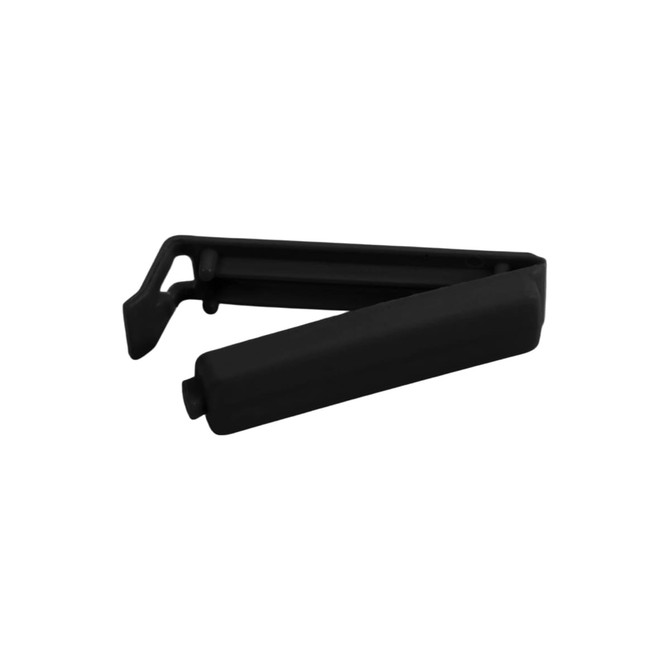 A black food bag seal clip with a simple, compact design, featuring a logo on one side.