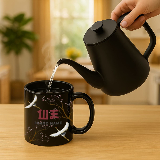 A black heat sensitive colour changing mug, decorated with white birds and floral designs, is being filled with hot water.