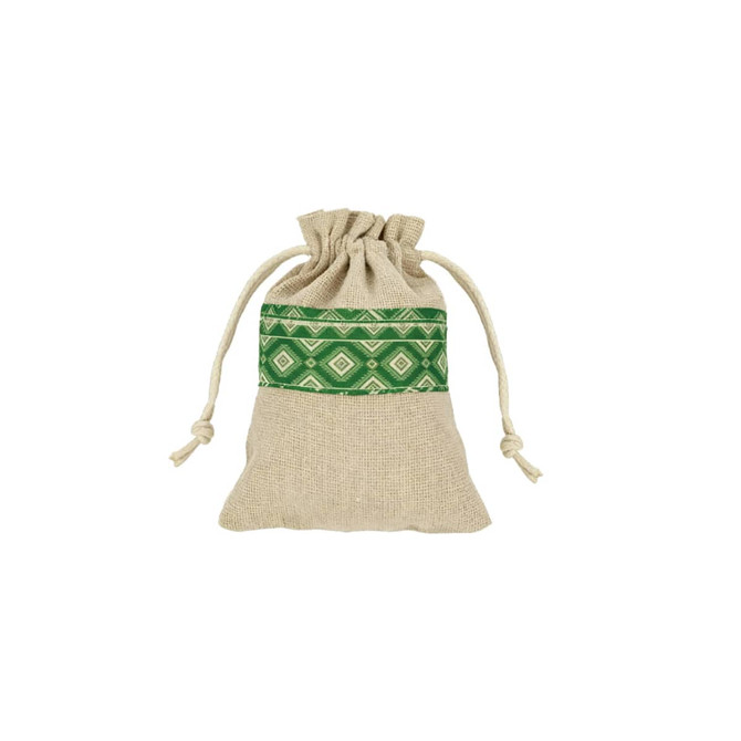 A drawstring bag made of cotton linen, featuring a green patchwork design and a natural jute body.