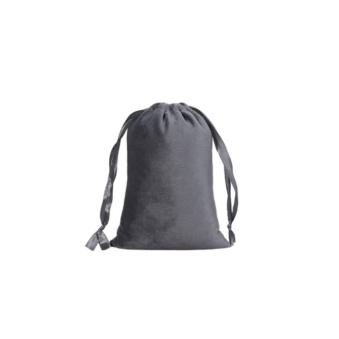 A grey silk velvet drawstring bag with satin ties, featuring a smooth texture and a simple design.