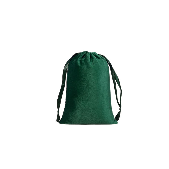 A green silk velvet drawstring bag with matching drawstrings and a smooth texture. It features a logo.