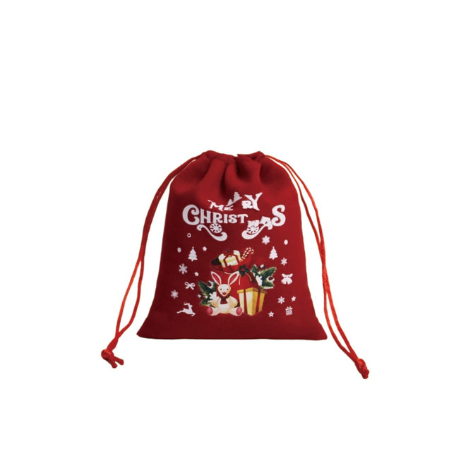 A red drawstring gift bag featuring festive illustrations, including a rabbit and Christmas presents.