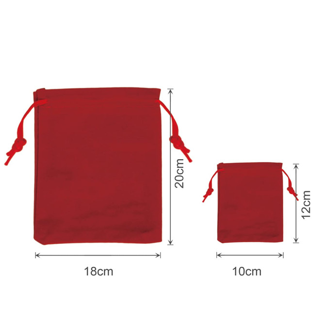 Two red drawstring gift bags, one larger (18cm x 20cm) and one smaller (10cm x 12cm), displayed side by side.