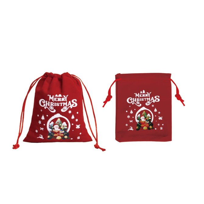 Red Christmas drawstring gift bags featuring festive designs with characters and snowflakes, with branding present.