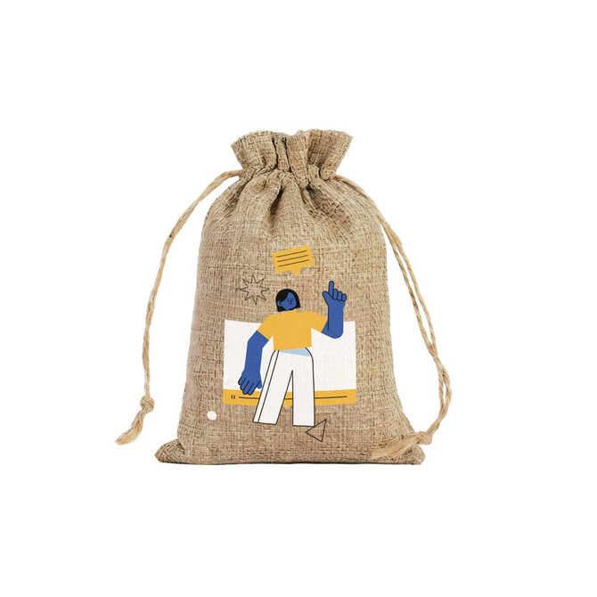 A natural linen drawstring gift bag with a colourful illustration and a logo. It features a textured, woven design.