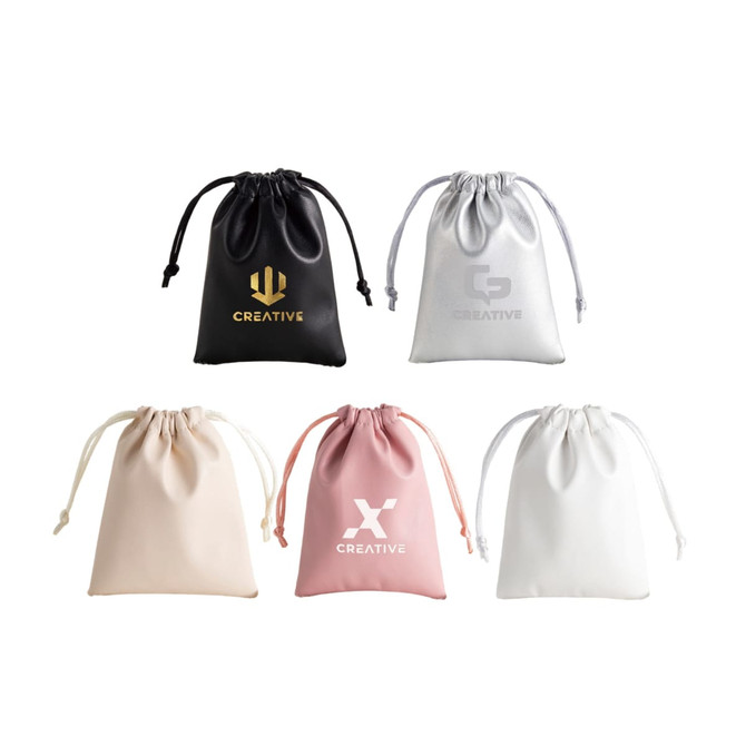 A collection of PU leather drawstring gift bags in black, grey, pink, beige, and white, each with a logo.