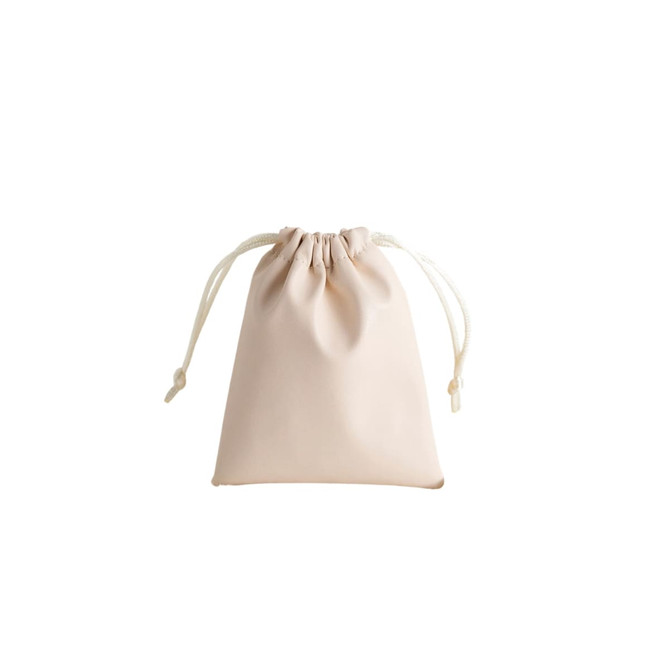 A beige PU leather drawstring gift bag with a cinched top and white drawstrings.