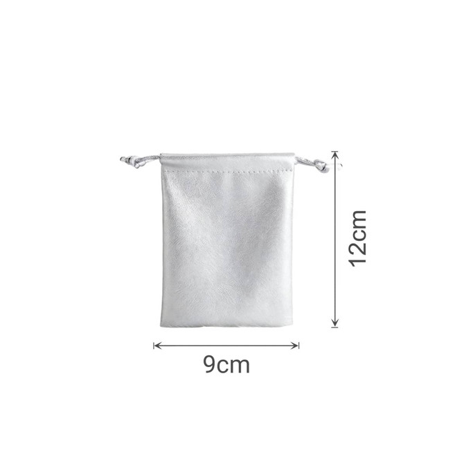A white PU leather drawstring gift bag with dimensions of 9cm by 12cm, featuring a drawstring closure.