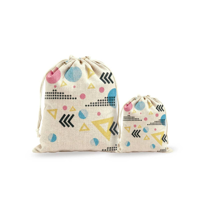 Cotton linen drawstring bags in natural colour featuring geometric patterns in pink, blue, yellow, and black.
