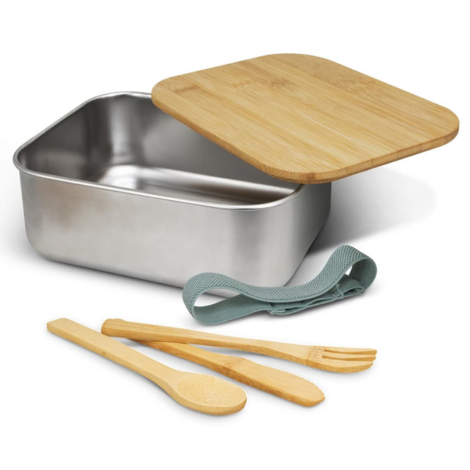 A stainless steel lunch box with a bamboo lid, accompanied by wooden cutlery and a green elastic strap.