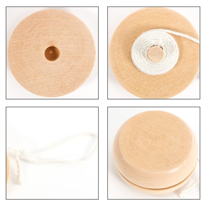 A wooden yoyo in a natural finish, featuring a white string. Multiple views showcase its rounded shape and smooth surface.