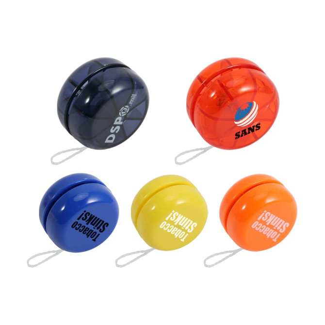 A collection of classic yoyos in blue, orange, yellow, and black, featuring branding on some of the yoyos.