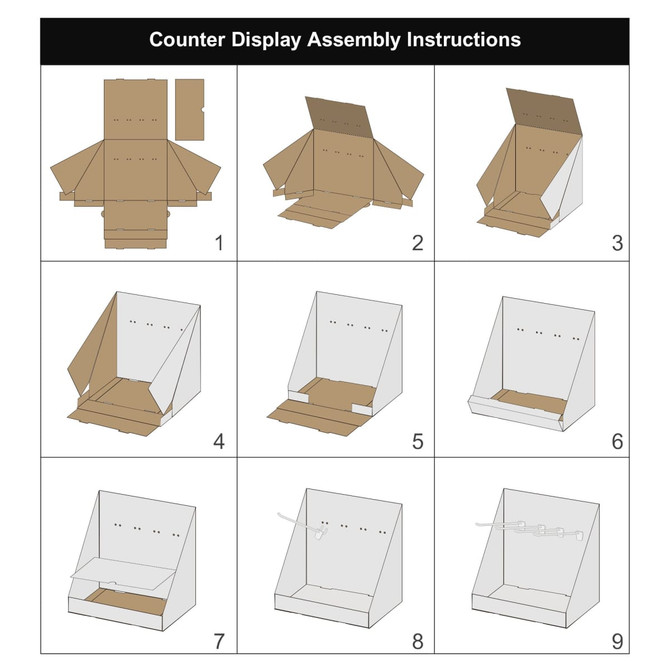 Assembly instructions for a corrugated cardboard counter hook display, featuring several steps and a primarily brown colour.