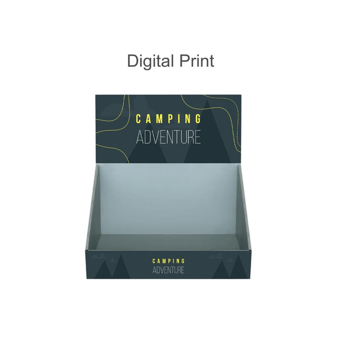 A corrugated cardboard counter display in grey with a digital print featuring a camping theme and a logo.