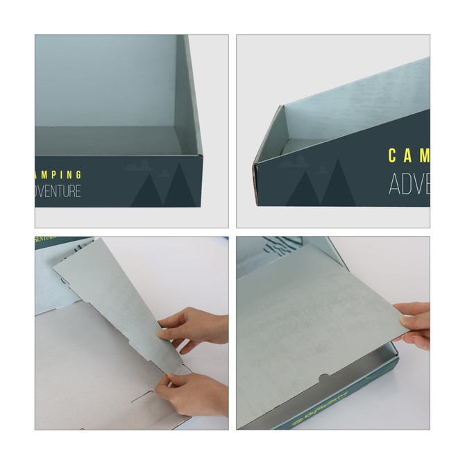 A corrugated cardboard counter display in shades of grey and green, featuring a logo. Display is partially assembled.