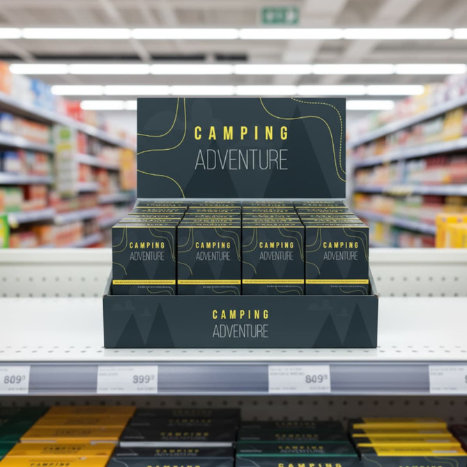 A corrugated cardboard counter display in dark colours, featuring multiple boxes labelled "Camping Adventure".