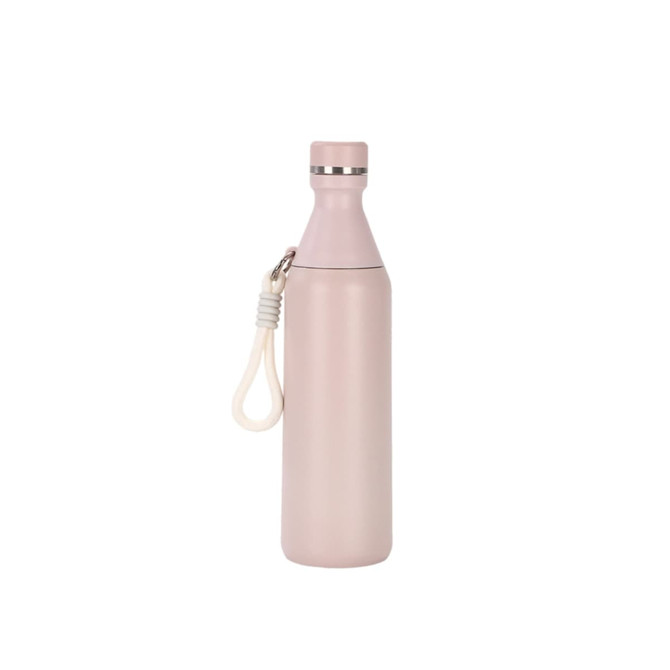 A drink bottle in a soft pink colour, featuring a double wall design and a silver band, with a strap.