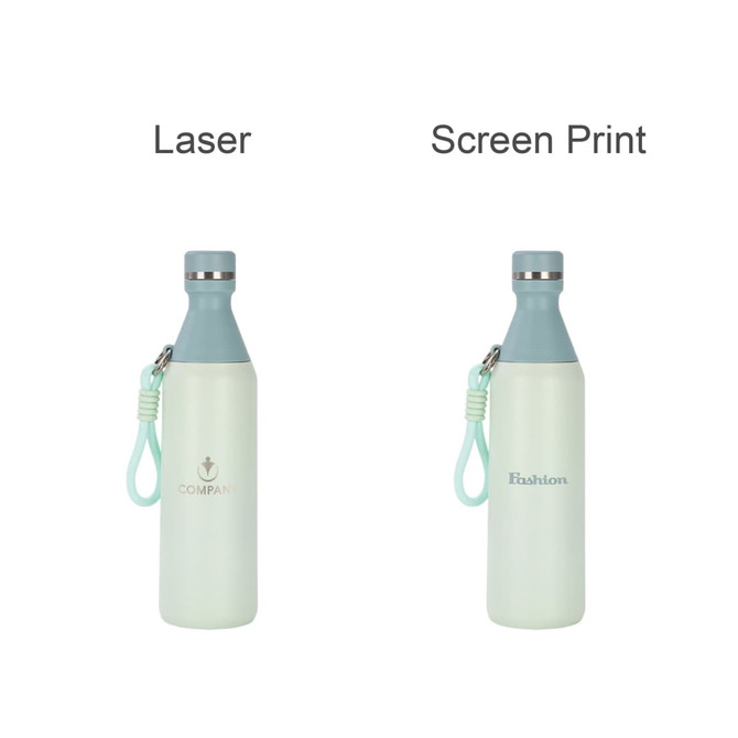 A drink bottle in mint green with a grey lid, featuring a logo and a handy carry strap. Double wall stainless steel design.