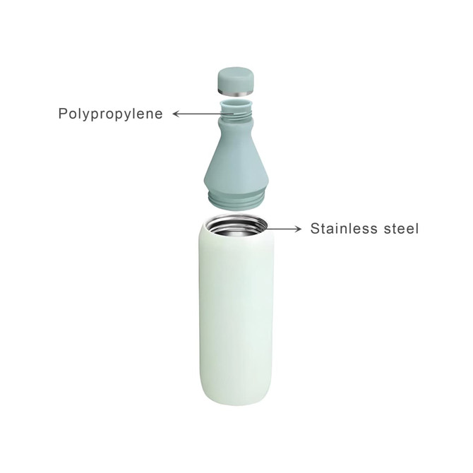 A drink bottle in light green stainless steel with a detachable polypropylene lid, featuring a slim, double wall design.