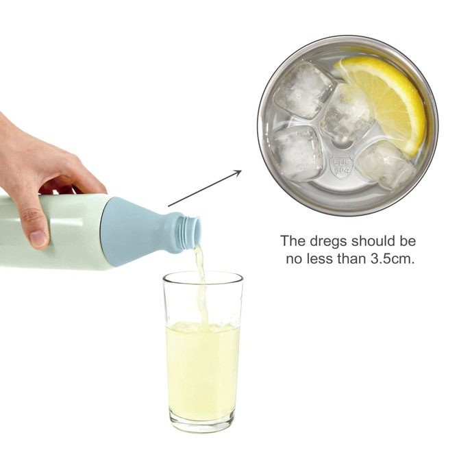 A drink bottle in light blue and white, pouring a beverage into a glass containing ice and lemon.