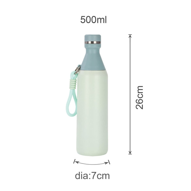 A drink bottle in mint green and grey, featuring a slim design with a metal cap and a strap.
