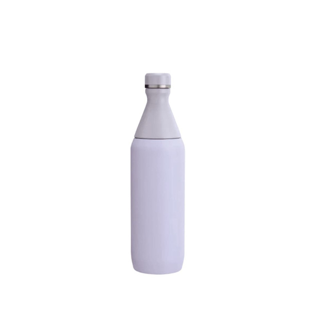A drink bottle in matte white with a stainless steel lid, featuring a slim design and double wall insulation.