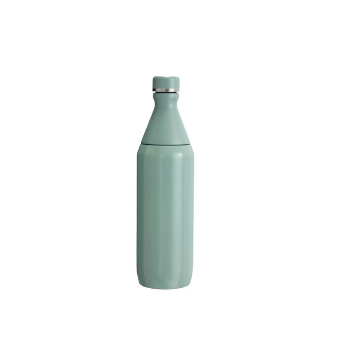 A drink bottle in a slim design with a mint green finish and a silver accent, featuring a logo.