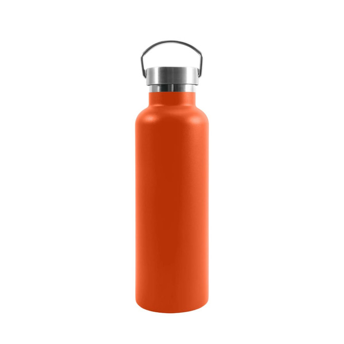 An orange insulated drink bottle made of recycled stainless steel with a metal screw-top lid and handle.