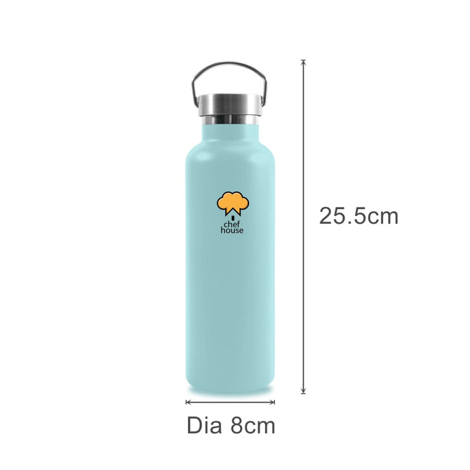 A drink bottle in soft blue, 720ML, stainless steel, featuring a handle and a logo. Dimensions: 25.5cm tall, 8cm diameter.