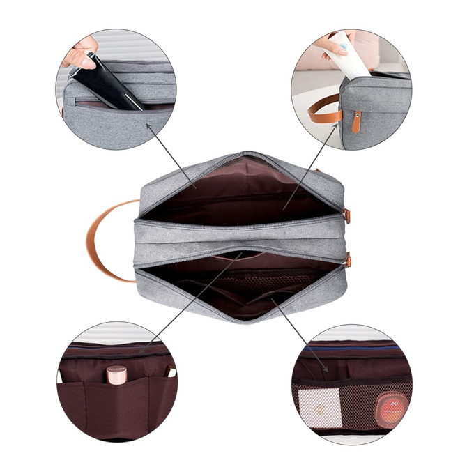 A grey toiletry bag with multiple compartments, featuring a brown handle and various items stored inside.