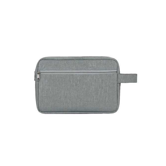 A grey toiletry bag with a handle and a zippered compartment on the front.