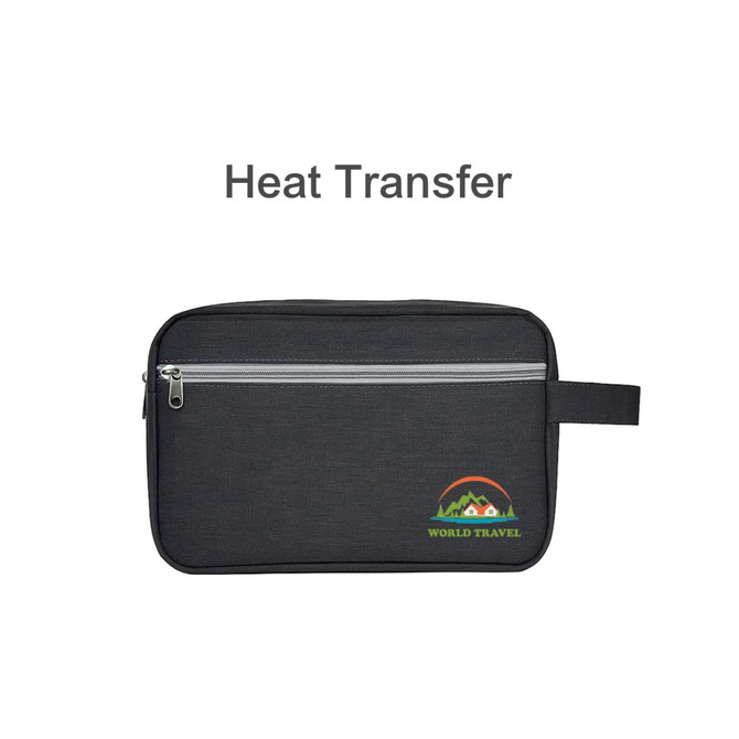 A toiletry bag in dark grey featuring a zippered compartment and a handle, with a logo on the front.