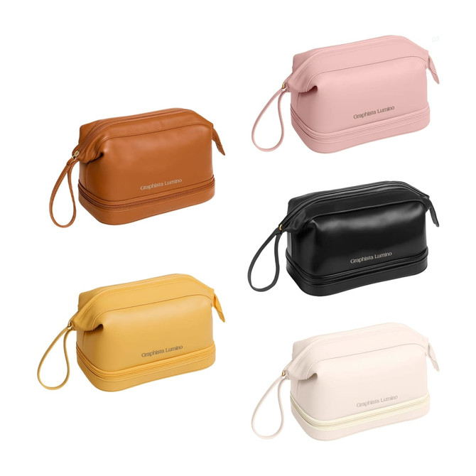 A collection of large capacity PU toiletry bags in brown, pink, black, yellow, and cream, each with a handle.