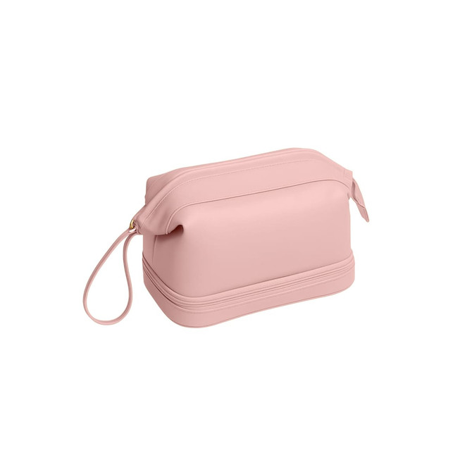 A large capacity pink PU toiletry bag with a zip closure and a loop handle. It features a logo on the exterior.