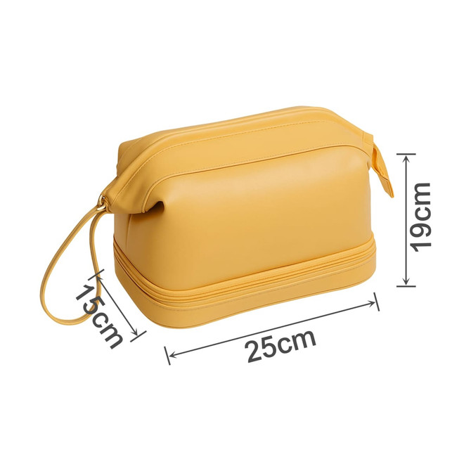 A large capacity yellow PU toiletry bag with a zip closure and a wrist strap, featuring a smooth finish.