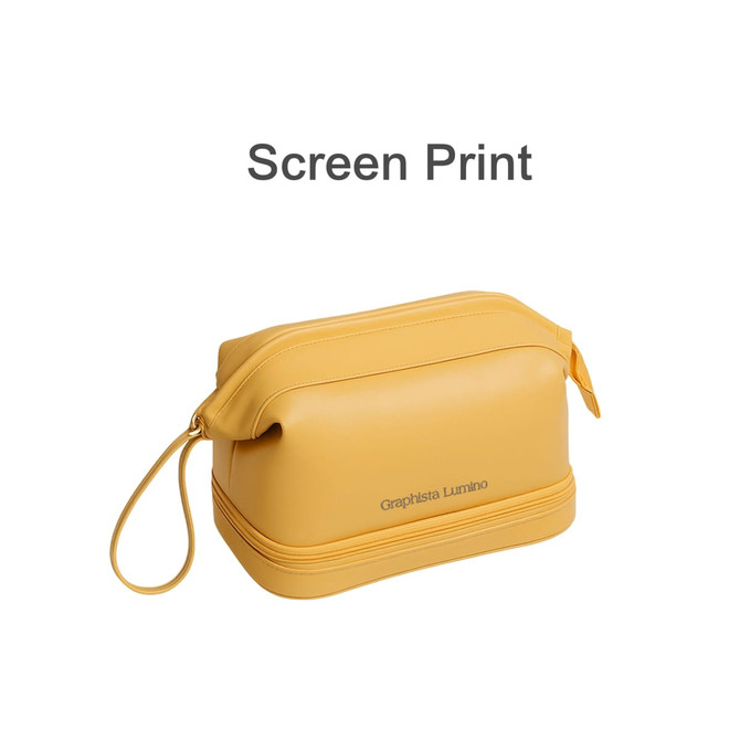 A large capacity yellow PU toiletry bag with a logo, featuring a zip closure and a handle.