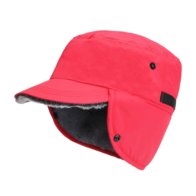 A thickened earflap hat in bright red with a soft, grey lining and a front brim, featuring a logo.