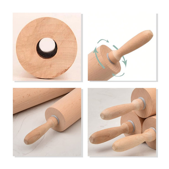 A wooden rolling pin with a smooth, light wood finish, featuring a centred handle and a logo on one side.