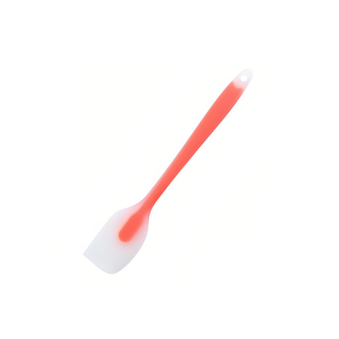 A silicone spatula with a red handle and a white head, featuring a hanging hole for easy storage.