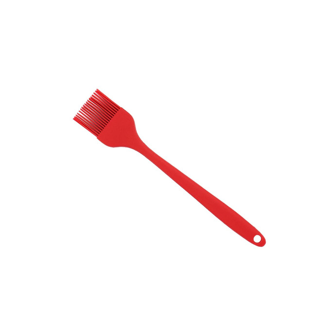 A red pastry brush with a flexible silicone head and a long handle, featuring a hole for easy hanging.