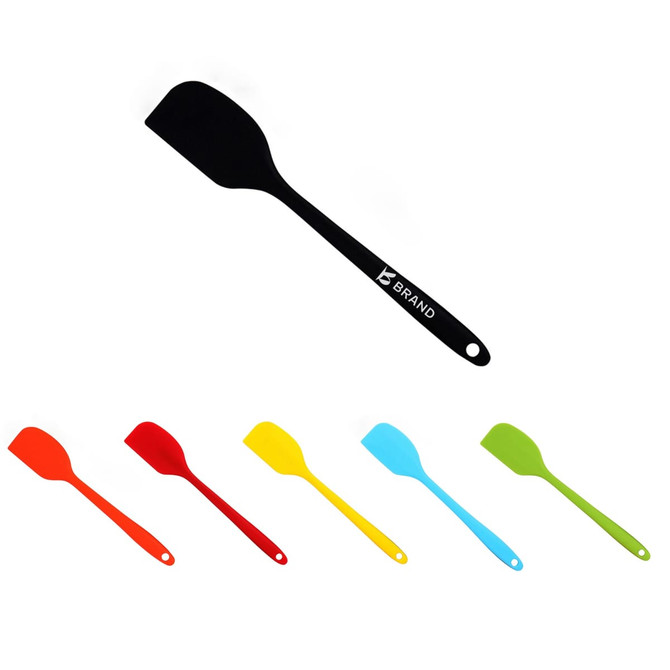 A set of spatulas in various colours, including red, yellow, blue, green, and black, with a logo on one.