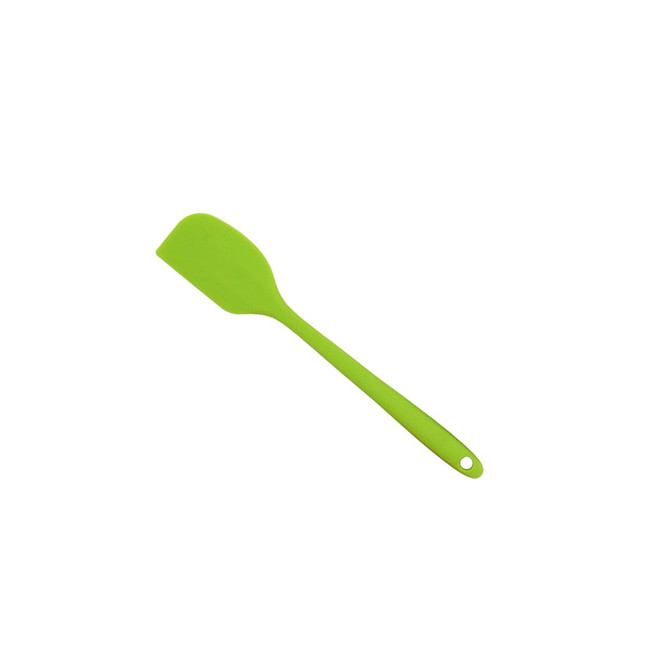 A green spatula with a flat, flexible head and a long handle. It features a hole for easy hanging.